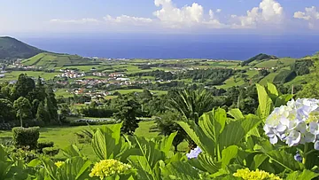 Panoramablick über eine Azoreninsel mit grüner Landschaft und dem Atlantik in Sicht.