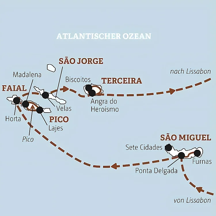 Routenkarte fürs Inselhopping auf den Azoren: São Miguel – Faial – Pico – Terceira – São Jorge.