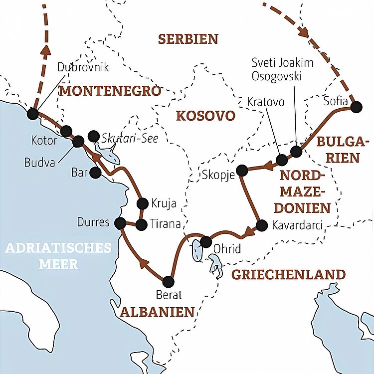 Reiserout Nordmazedonien – Albanien – Montenegro